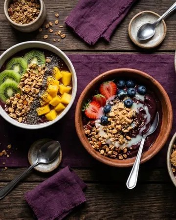 Mesa com várias tigelas de açaí e acompanhamentos