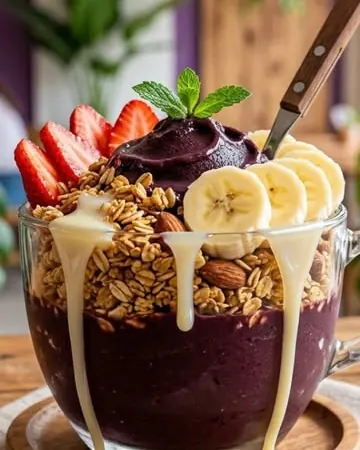 Taça de vidro com camadas de açaí, granola e banana, leite condensado escorrendo pela borda